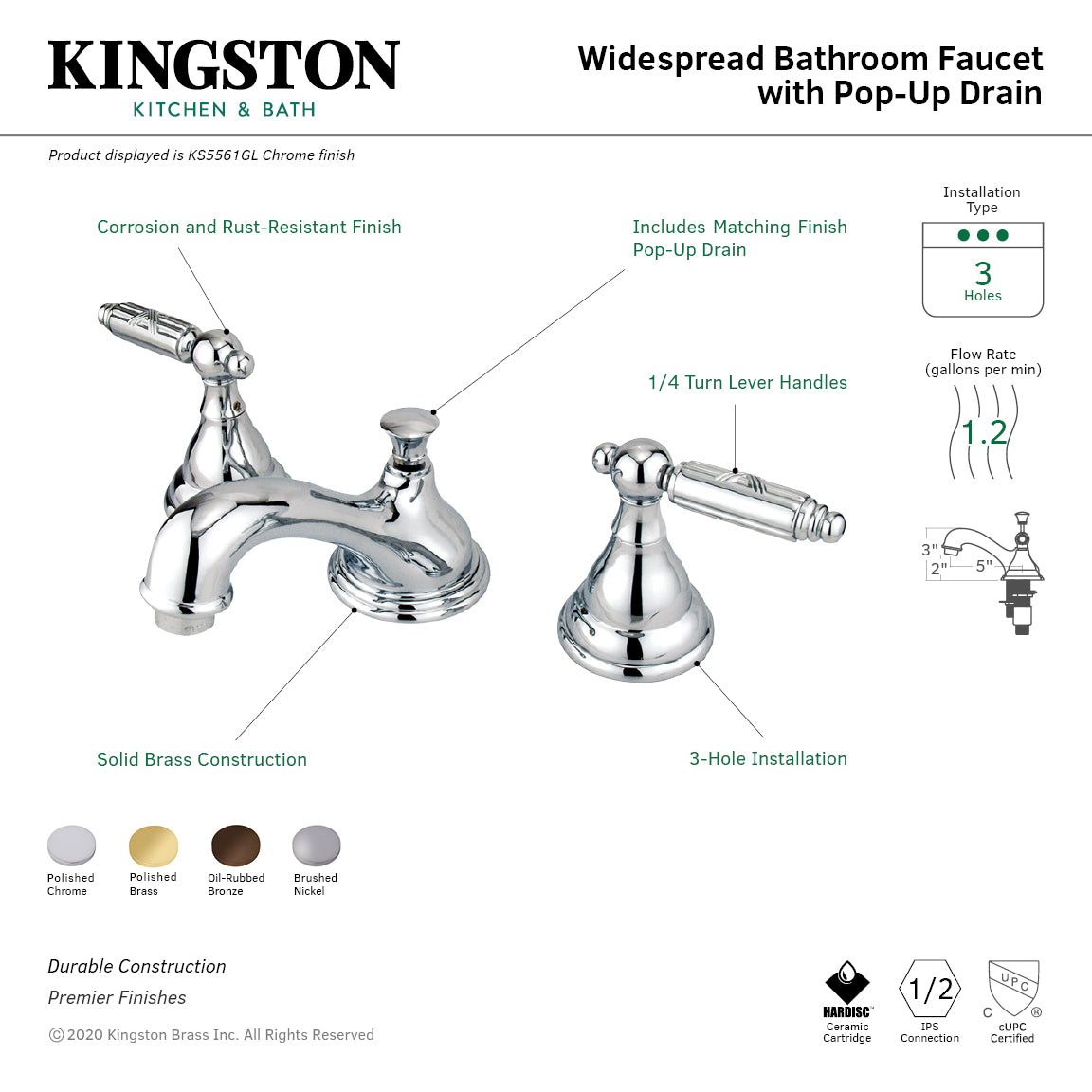 Kingston Tulare KS5562GL - Georgian Two-Handle 3-Hole Deck Mount Widespread Bathroom Faucet with Brass Pop-Up, Polished Brass — thumbnail 2