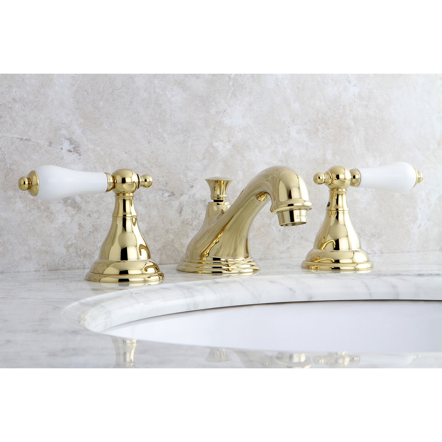Kingston Heirloom KS5562PL - Royale Two-Handle 3-Hole Deck Mount Widespread Bathroom Faucet with Brass Pop-Up, Polished Brass — thumbnail 2