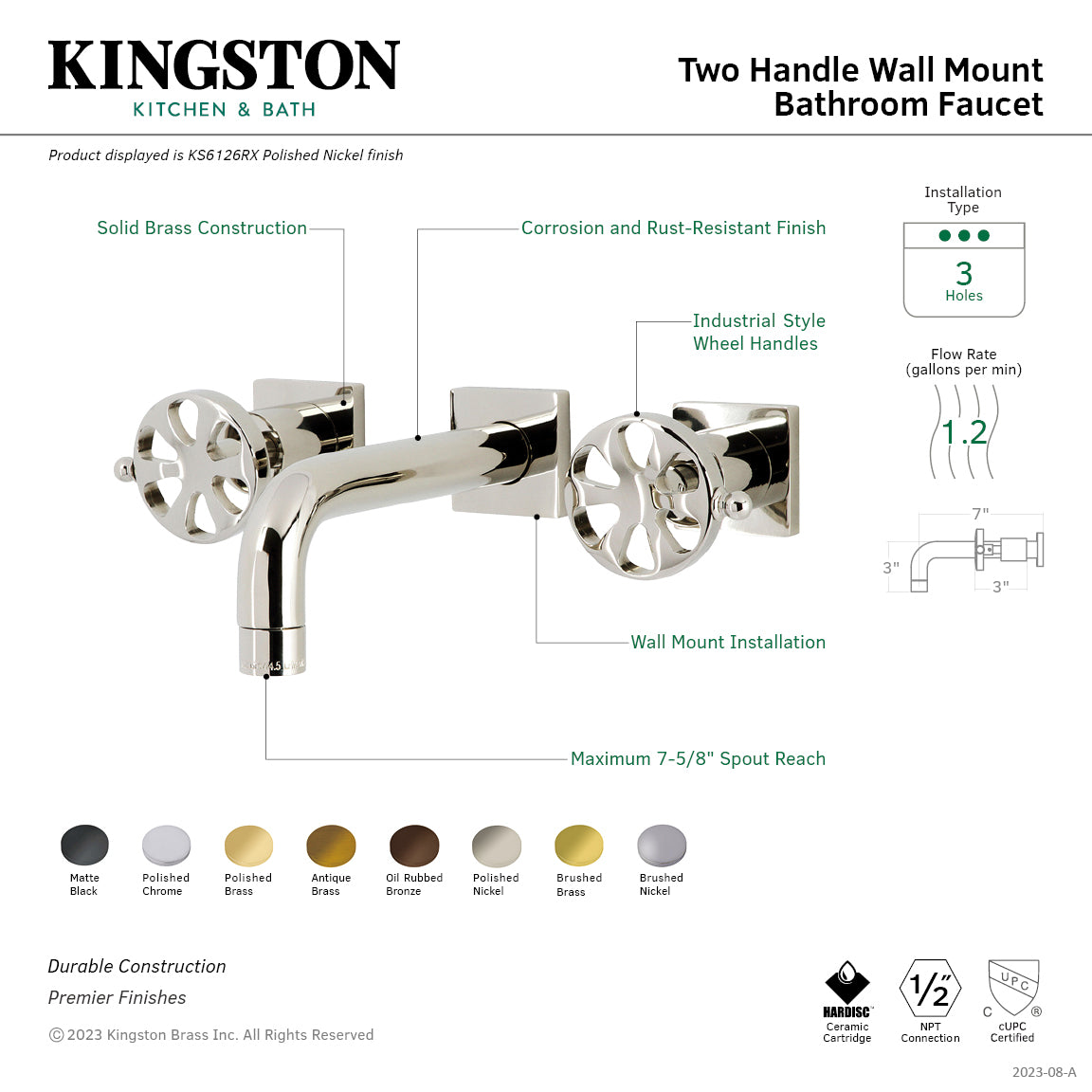 Kingston Sona KS6123RX - Belknap Double-Handle 3-Hole Wall Mount Bathroom Faucet, Antique Brass — thumbnail 2