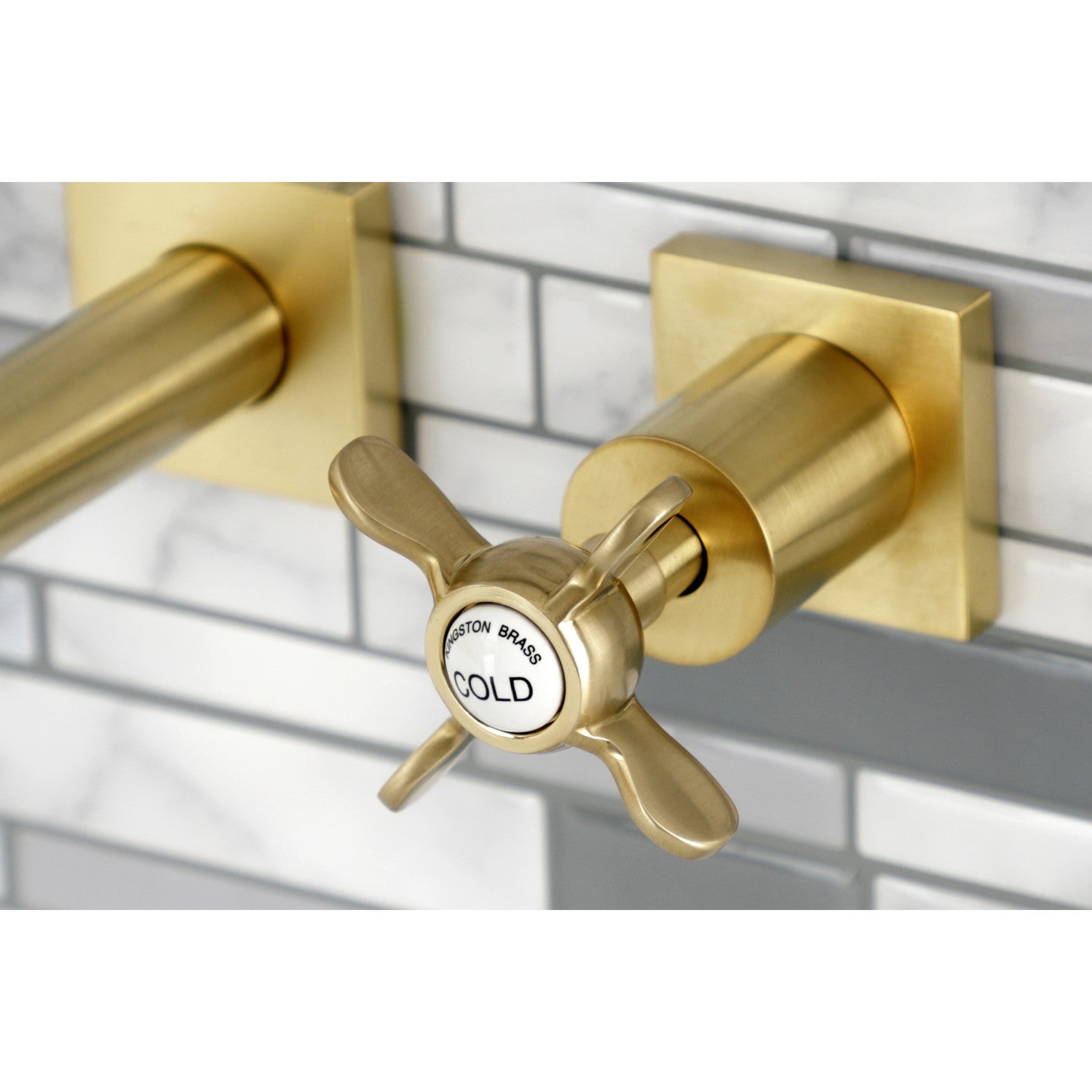 Kingston Tulare KS6127BEX - Essex Double-Handle 3-Hole Wall Mount Bathroom Faucet, Brushed Brass — thumbnail 2