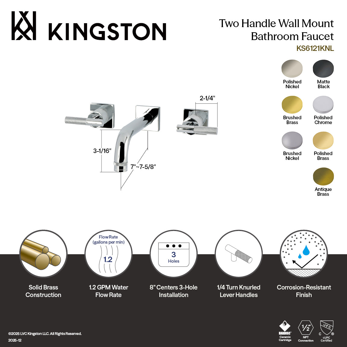 Kingston Sona KS6127KNL - Convergent Double-Handle 3-Hole Wall Mount Bathroom Faucet with Knurled Handle, Brushed Brass — thumbnail 2