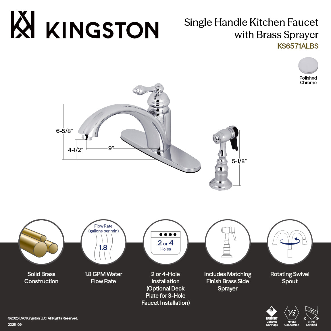 Kingston Vintage KS6571ALBS Single-Handle 2-or-4 Hole Kitchen Faucet with Brass Sprayer, Polished Chrome — thumbnail 2