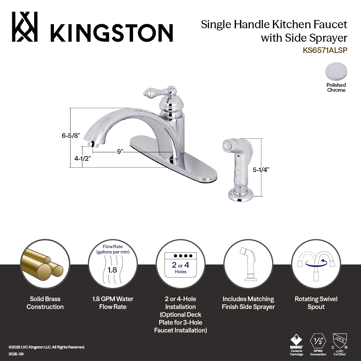 Kingston Vintage KS6571ALSP Single-Handle 2-or-4 Hole Kitchen Faucet with Side Sprayer, Polished Chrome — thumbnail 2