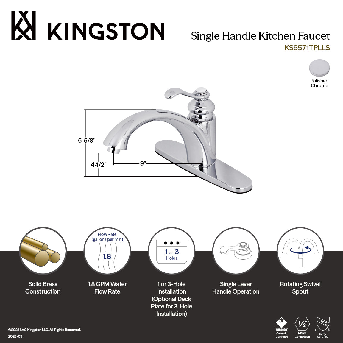 Kingston Templeton KS6571TPLLS Single-Handle 1-or-3 Hole Kitchen Faucet, Polished Chrome — thumbnail 2