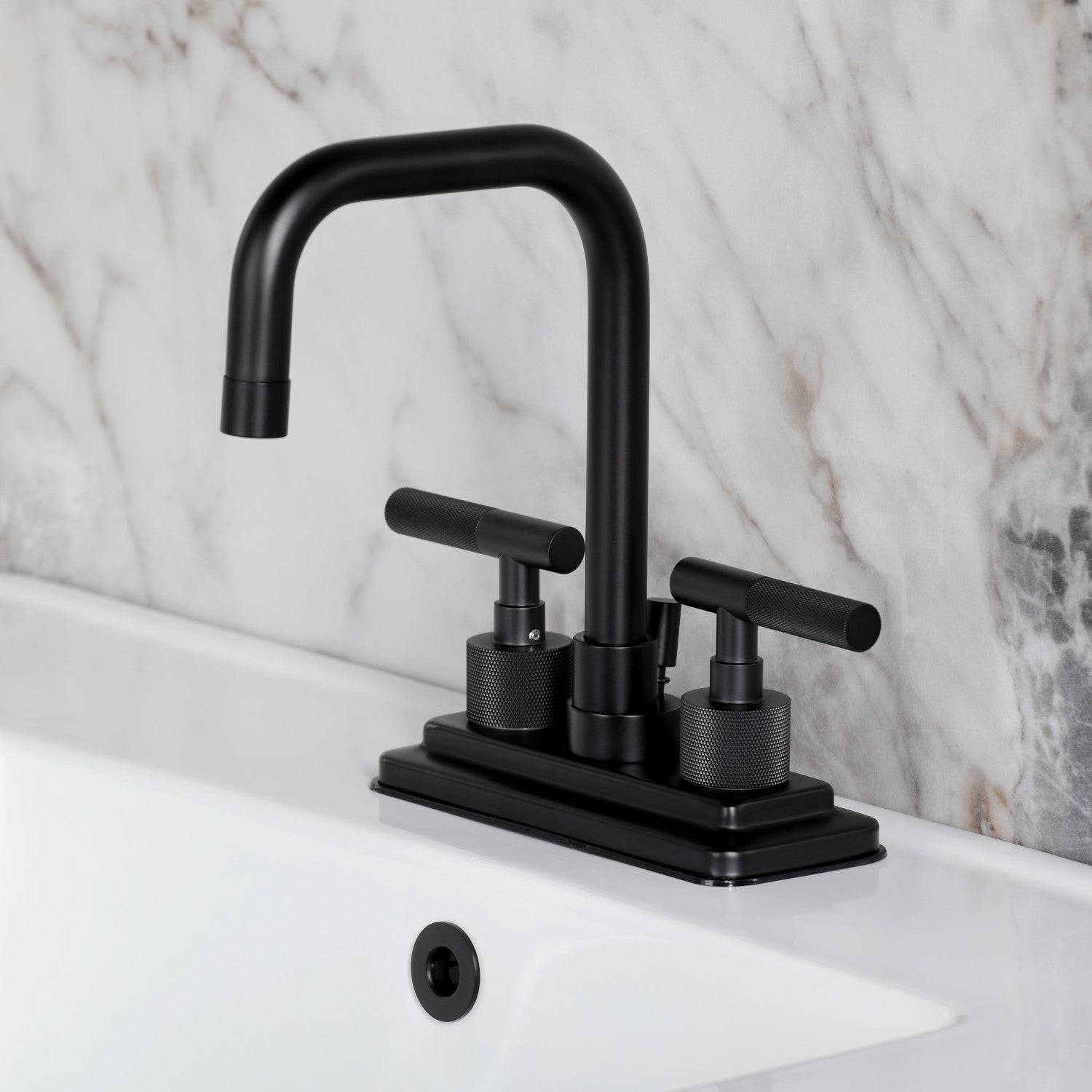 Kingston Sona KS6640KNL - Convergent Knurled Double-Handle 3-Hole Deck Mount 4-Inch Centerset Bathroom Faucet with Brass Pop-Up, Matte Black — thumbnail 2