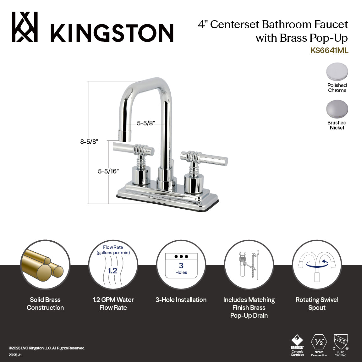 Kingston Milano KS6641ML Double-Handle 3-Hole Deck Mount 4-Inch Centerset Bathroom Faucet with Brass Pop-Up, Polished Chrome — thumbnail 2