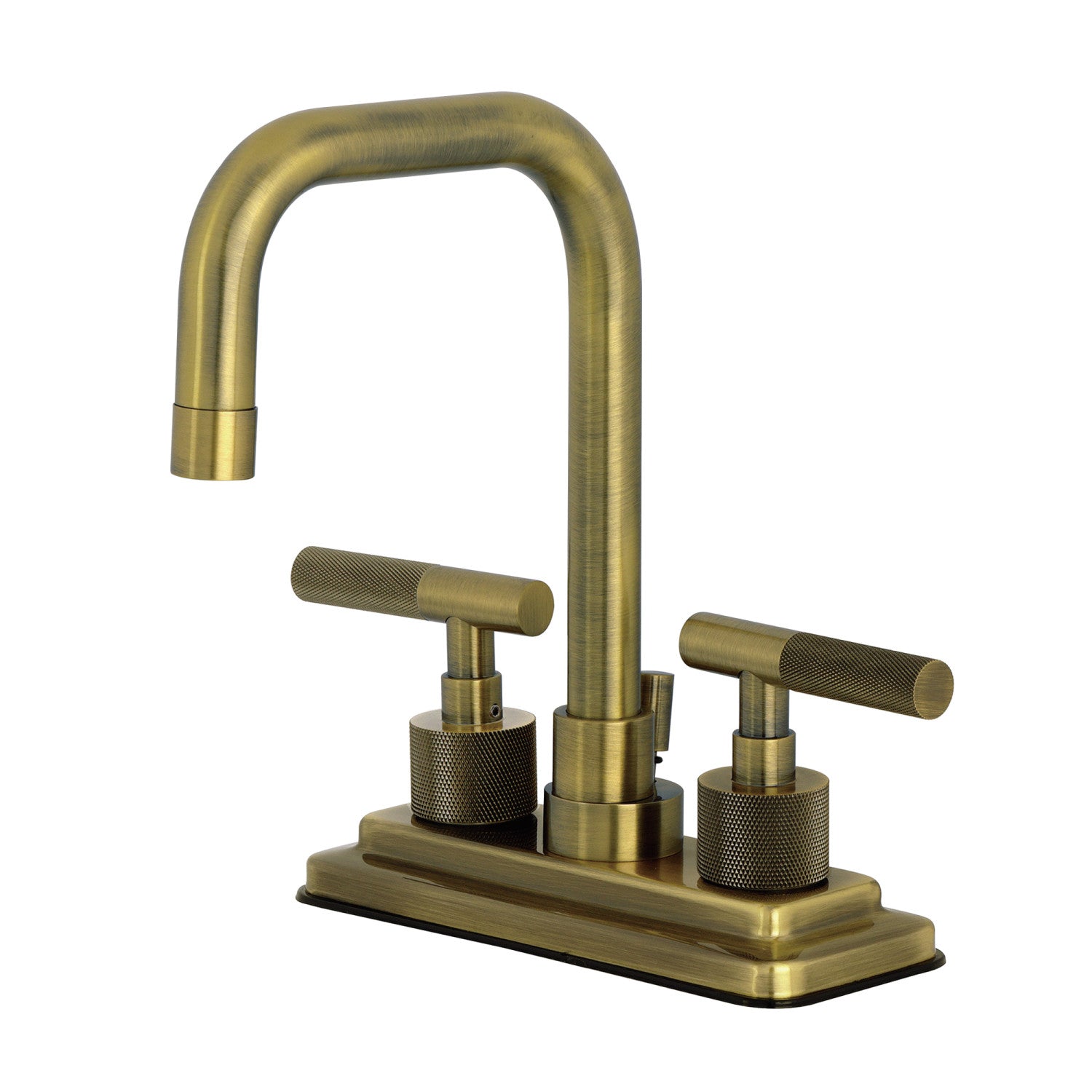 Kingston Sona KS6643KNL - Convergent Knurled Double-Handle 3-Hole Deck Mount 4-Inch Centerset Bathroom Faucet with Brass Pop-Up, Antique Brass