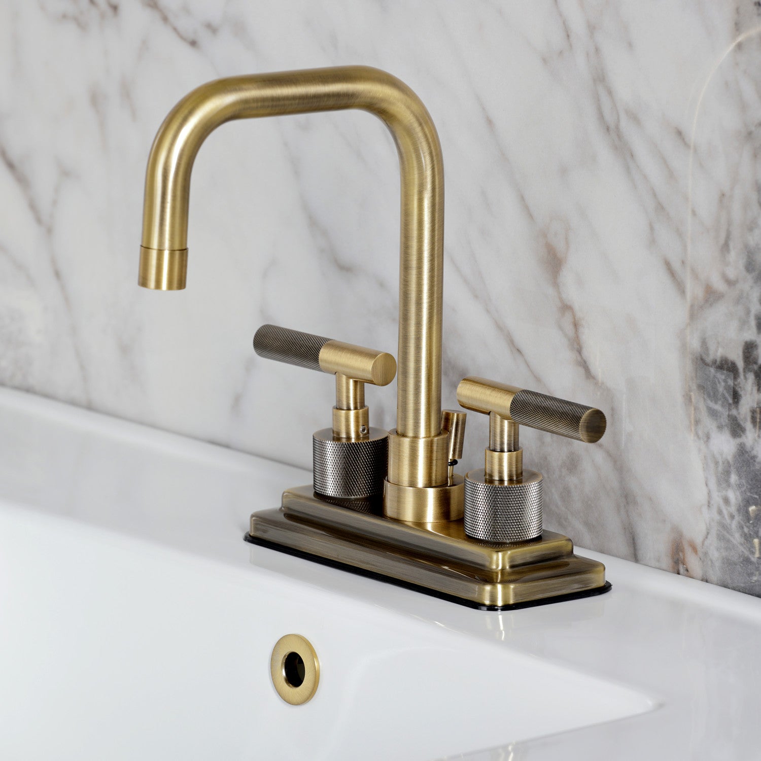 Kingston Sona KS6643KNL - Convergent Knurled Double-Handle 3-Hole Deck Mount 4-Inch Centerset Bathroom Faucet with Brass Pop-Up, Antique Brass — thumbnail 2