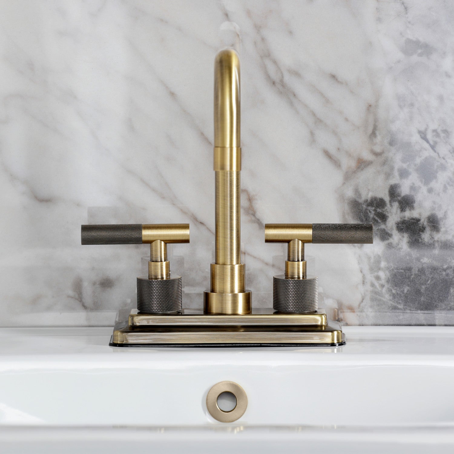 Kingston Sona KS6643KNL - Convergent Knurled Double-Handle 3-Hole Deck Mount 4-Inch Centerset Bathroom Faucet with Brass Pop-Up, Antique Brass — thumbnail 3