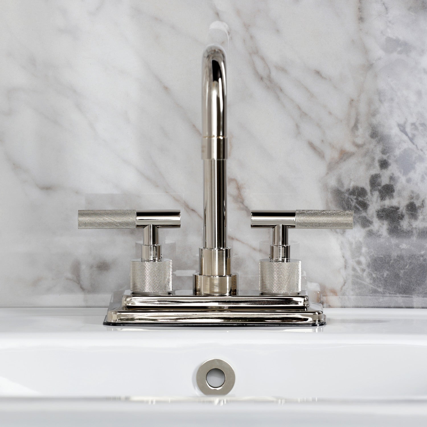 Kingston Sona KS6646KNL - Convergent Knurled Double-Handle 3-Hole Deck Mount 4-Inch Centerset Bathroom Faucet with Brass Pop-Up, Polished Nickel — thumbnail 3