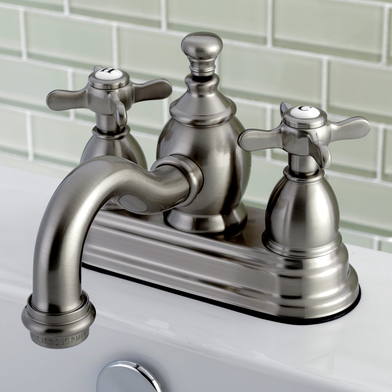 Kingston Heirloom KS7108BEX - Essex Double-Handle 3-Hole Deck Mount 4-Inch Centerset Bathroom Faucet with Brass Pop-Up, Brushed Nickel — thumbnail 2