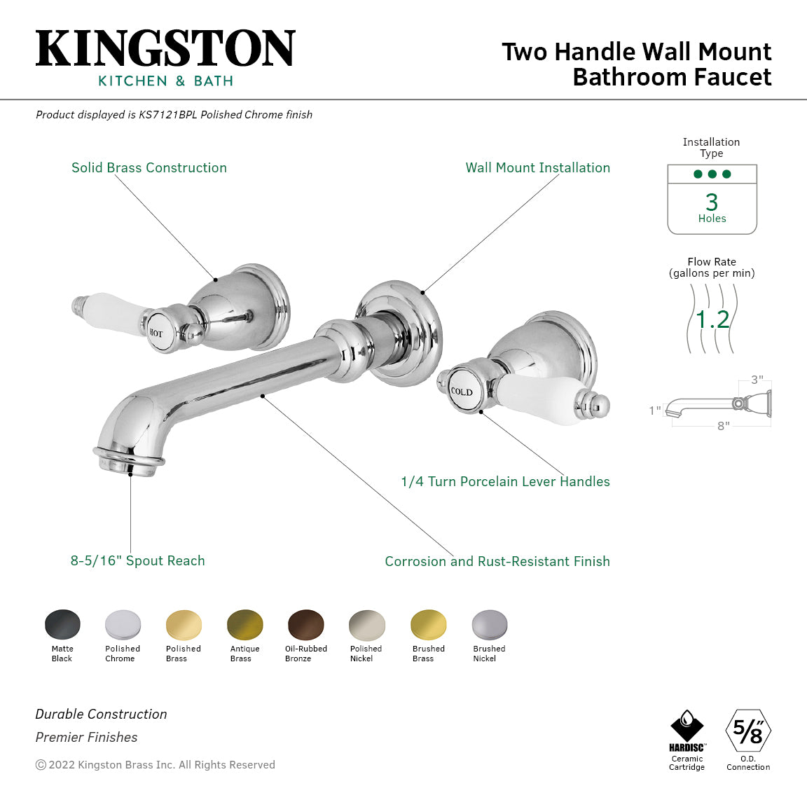 Kingston Tulare KS7121BPL - Bel-Air Double-Handle 3-Hole Wall Mount Bathroom Faucet, Polished Chrome — thumbnail 2