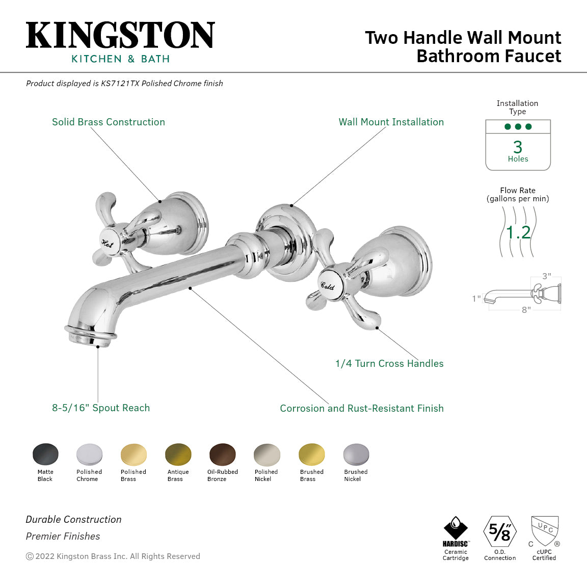Kingston Tulare KS7121TX - French Country Double-Handle 3-Hole Wall Mount Bathroom Faucet, Polished Chrome — thumbnail 2