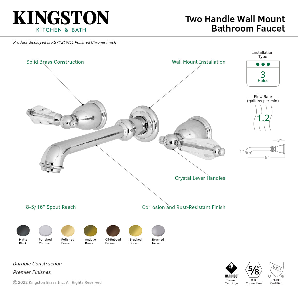 Kingston Tulare KS7121WLL - Wilshire Double-Handle 3-Hole Wall Mount Bathroom Faucet, Polished Chrome — thumbnail 2