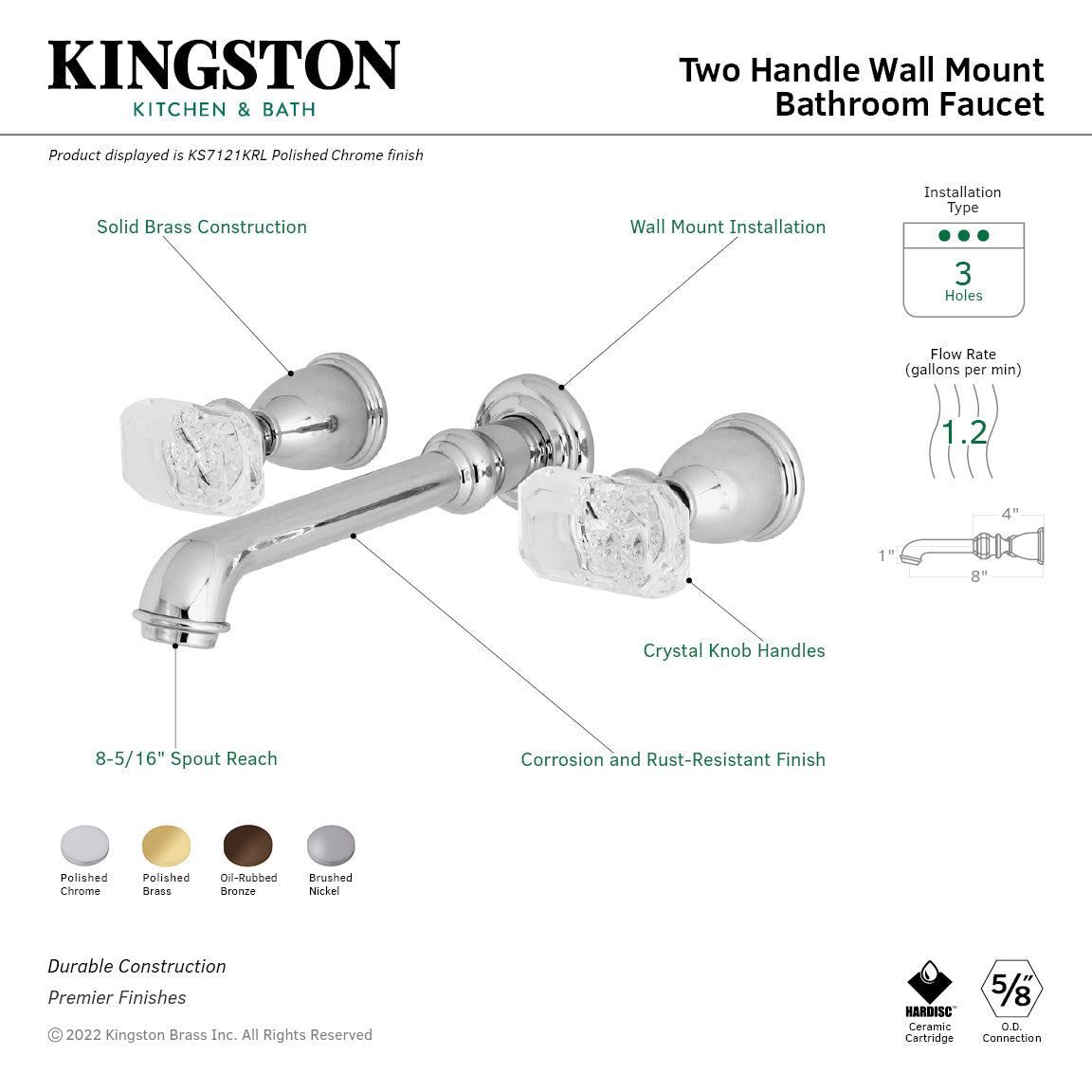 Kingston Tulare KS7122KRL - Krystal Onyx Double-Handle 3-Hole Wall Mount Bathroom Faucet, Polished Brass — thumbnail 2