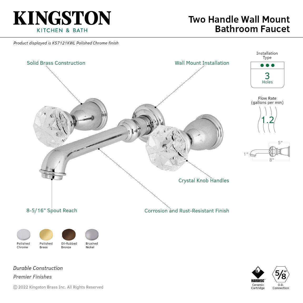 Kingston Tulare KS7122KWL - Krystal Onyx Double-Handle 3-Hole Wall Mount Bathroom Faucet, Polished Brass — thumbnail 2