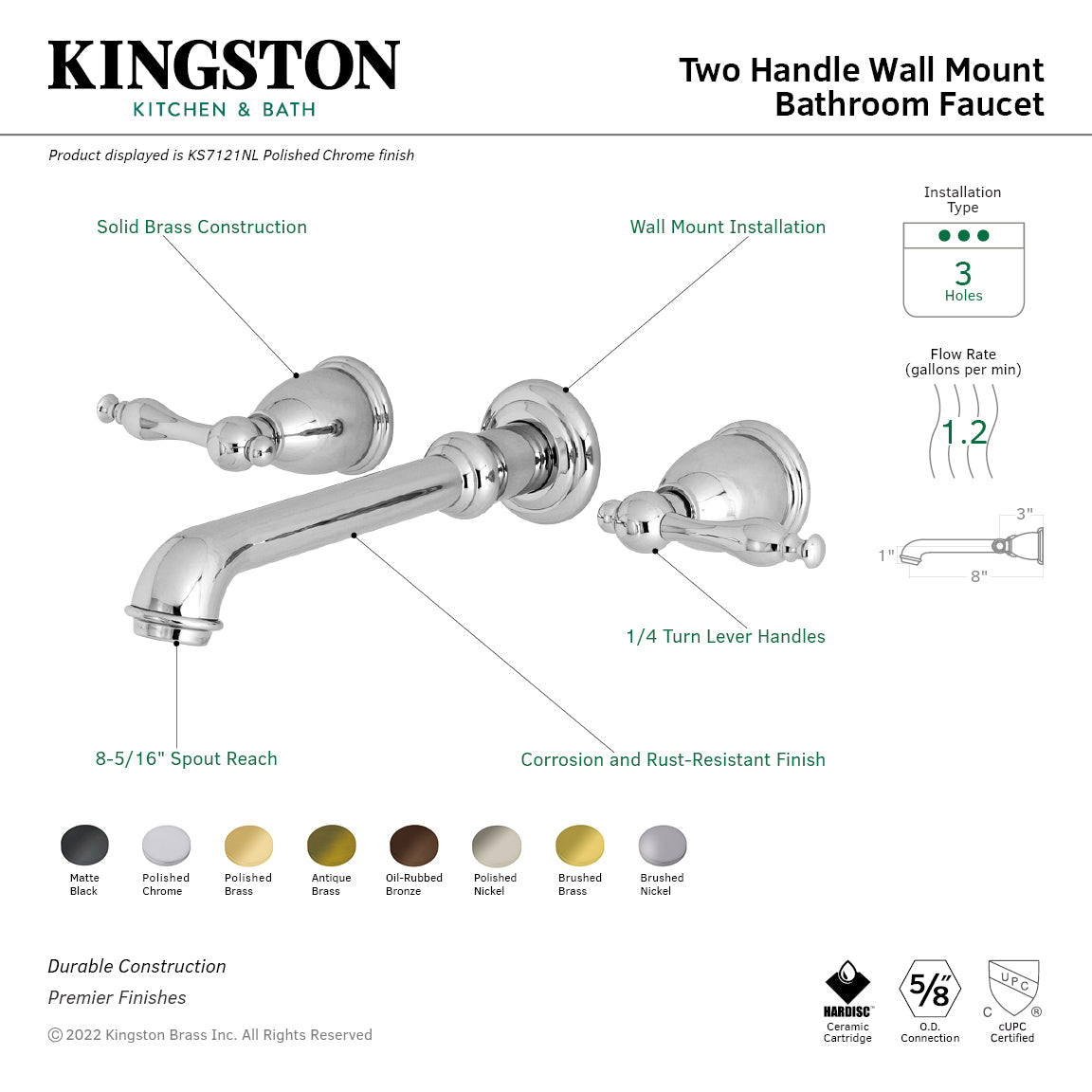 Kingston Tulare KS7122NL - Naples Double-Handle 3-Hole Wall Mount Bathroom Faucet, Polished Brass — thumbnail 2