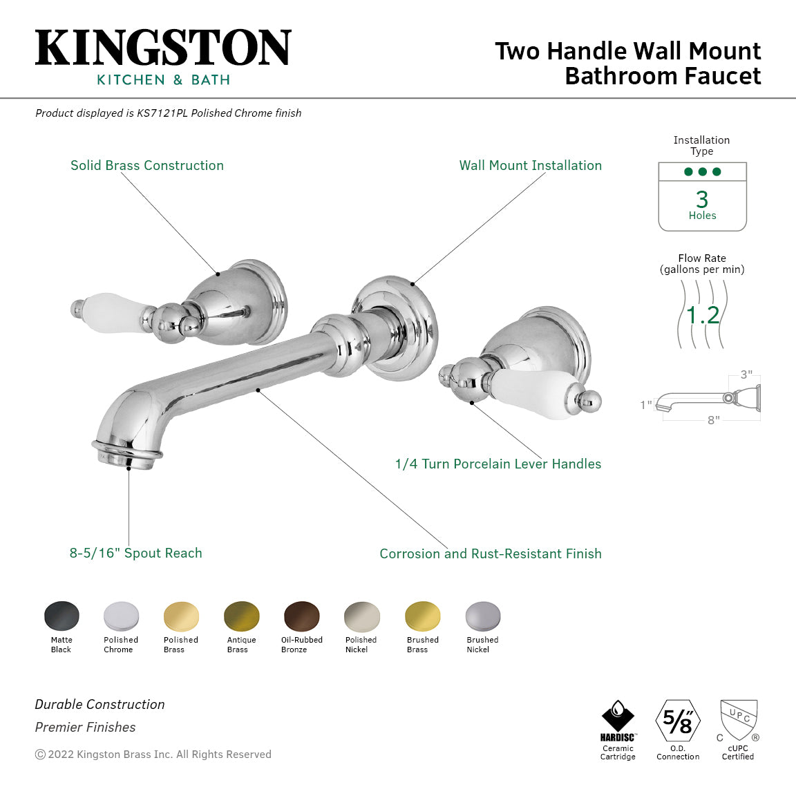 Kingston Tulare KS7122PL - English Country Double-Handle 3-Hole Wall Mount Bathroom Faucet, Polished Brass — thumbnail 2