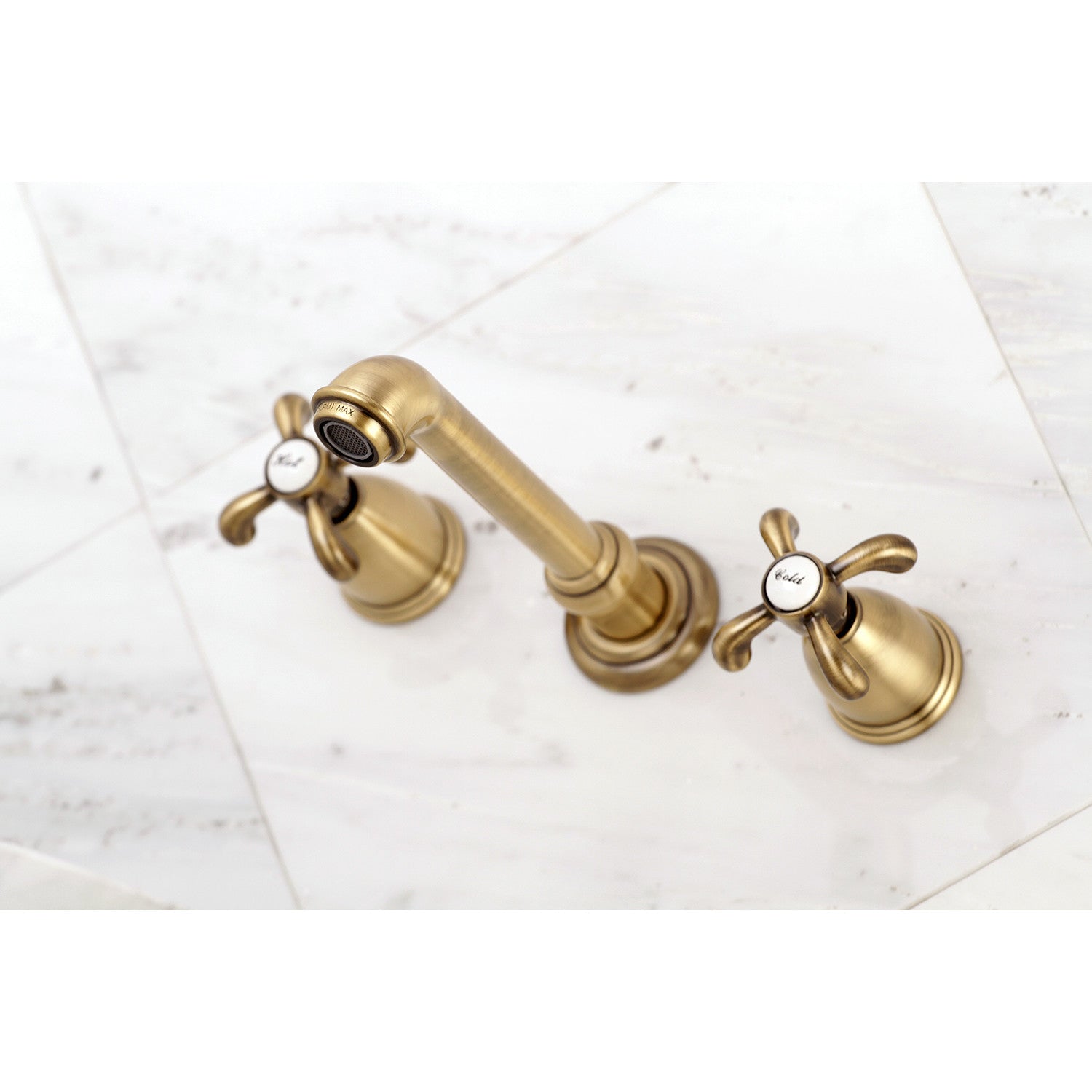 Kingston Tulare KS7123TX - French Country Double-Handle 3-Hole Wall Mount Bathroom Faucet, Antique Brass — thumbnail 3