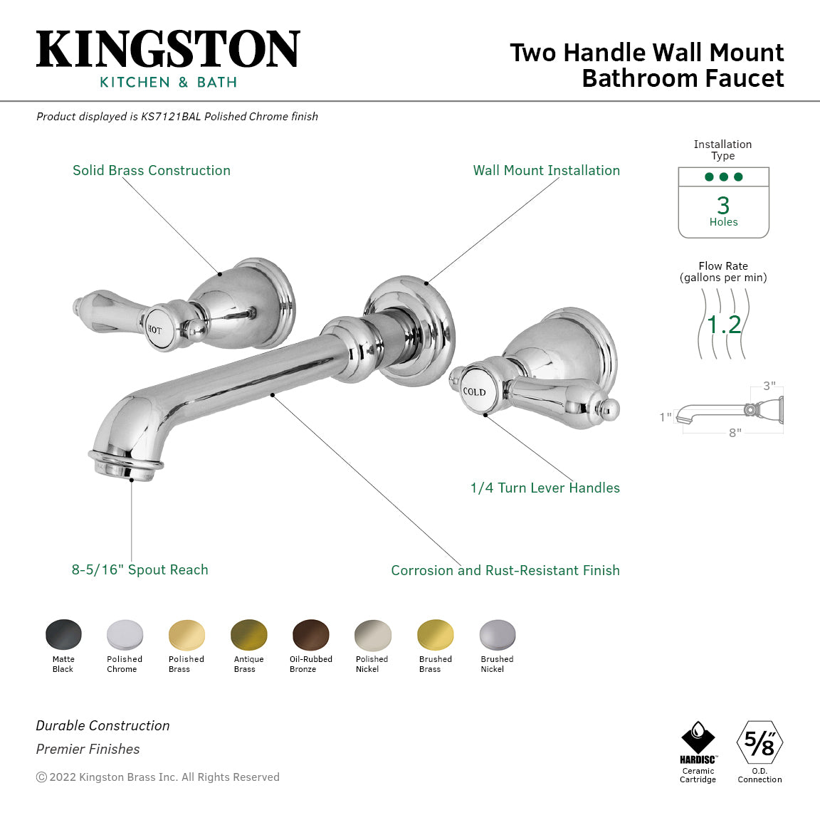 Kingston Tulare KS7125BAL - Heirloom Double-Handle 3-Hole Wall Mount Bathroom Faucet, Oil Rubbed Bronze — thumbnail 2