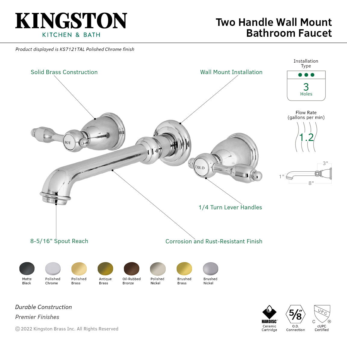 Kingston Tulare KS7125TAL - Tudor Double-Handle 3-Hole Wall Mount Bathroom Faucet, Oil Rubbed Bronze — thumbnail 2