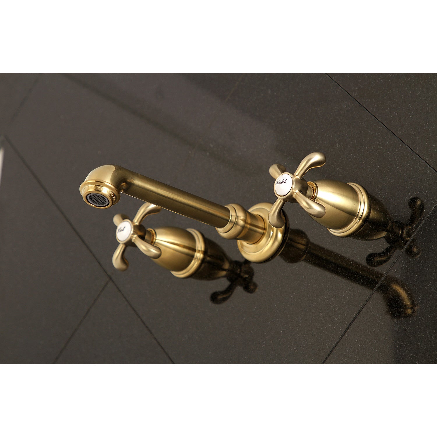 Kingston Tulare KS7127TX - French Country Double-Handle 3-Hole Wall Mount Bathroom Faucet, Brushed Brass — thumbnail 2