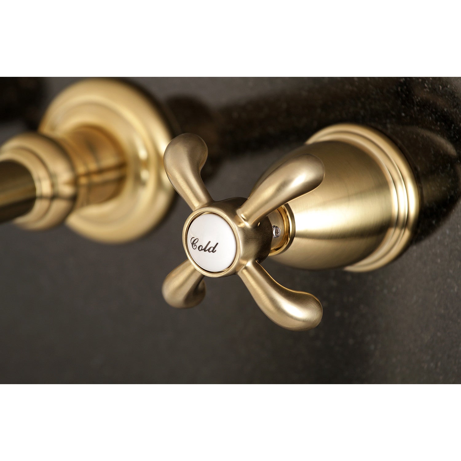 Kingston Tulare KS7127TX - French Country Double-Handle 3-Hole Wall Mount Bathroom Faucet, Brushed Brass — thumbnail 3