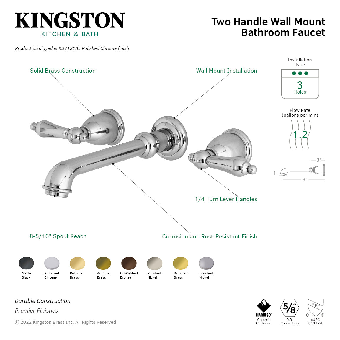 Kingston Tulare KS7128AL - English Country Double-Handle 3-Hole Wall Mount Bathroom Faucet, Brushed Nickel — thumbnail 2