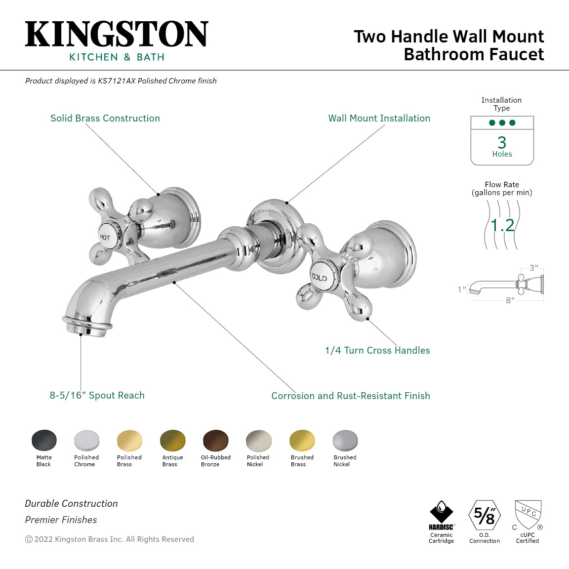 Kingston Tulare KS7128AX - English Country Double-Handle 3-Hole Wall Mount Bathroom Faucet, Brushed Nickel — thumbnail 2