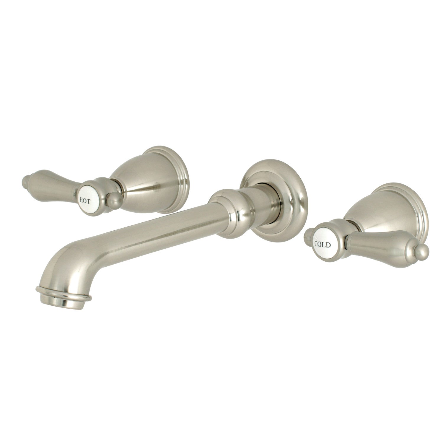 Kingston Tulare KS7128BAL - Heirloom Double-Handle 3-Hole Wall Mount Bathroom Faucet, Brushed Nickel