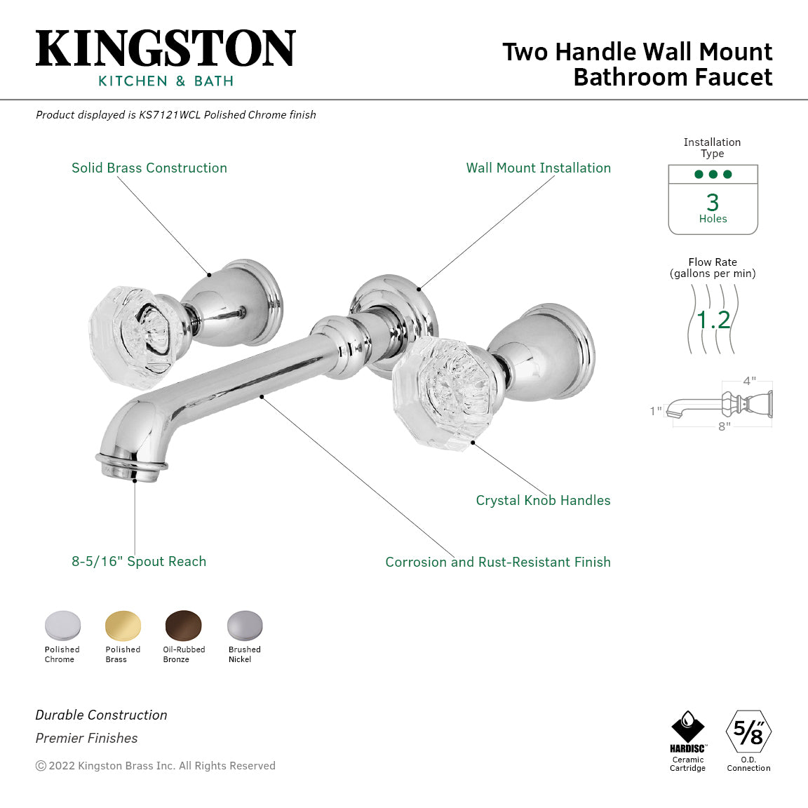 Kingston Tulare KS7128WCL - Celebrity Double-Handle 3-Hole Wall Mount Bathroom Faucet, Brushed Nickel — thumbnail 2