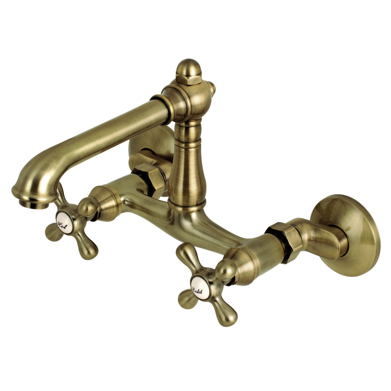 Kingston Tulare KS7223AX - English Country Two-Handle 2-Hole Wall Mount Bridge Kitchen Faucet, Antique Brass