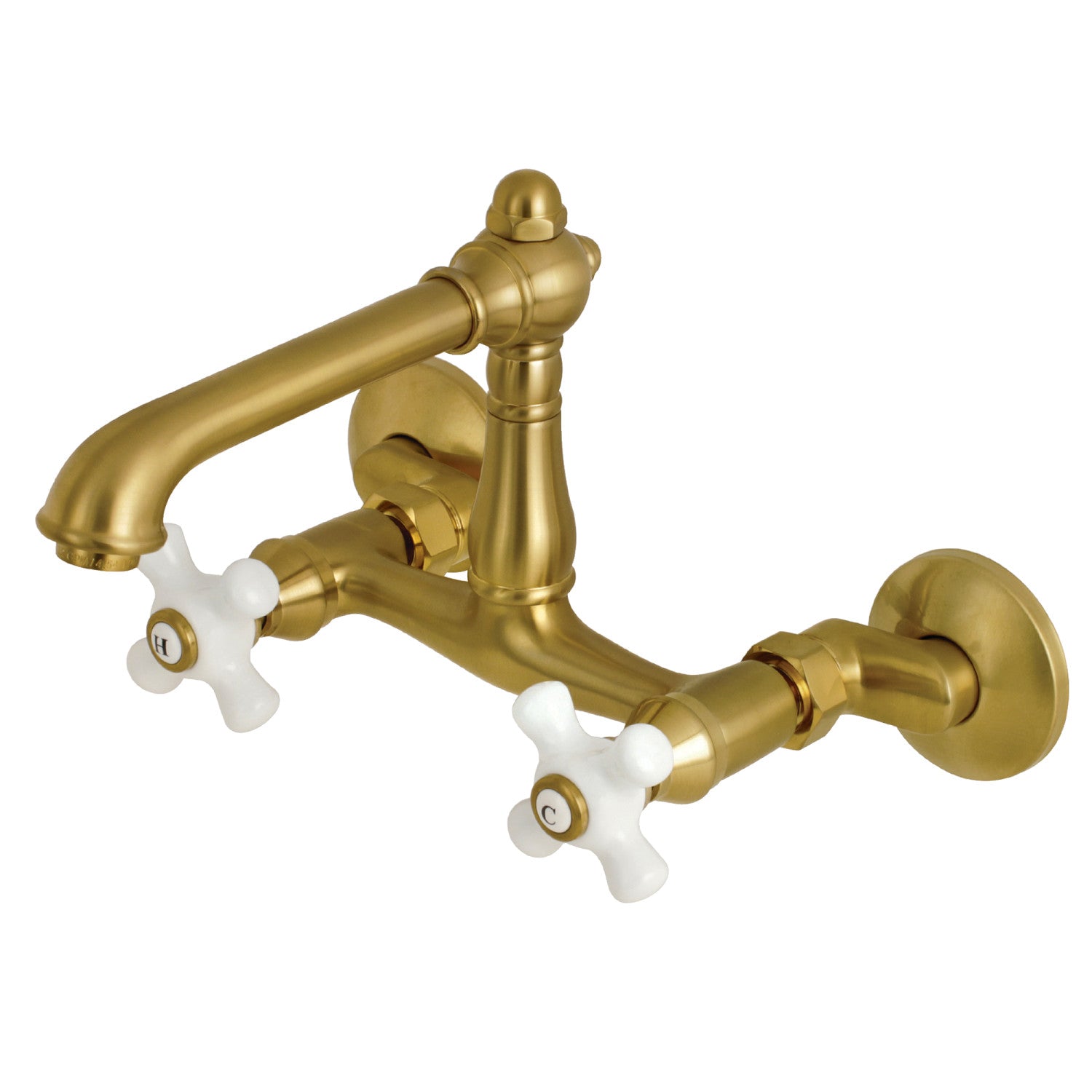 Kingston Tulare KS7227PX - English Country Two-Handle 2-Hole Wall Mount Bridge Kitchen Faucet, Brushed Brass