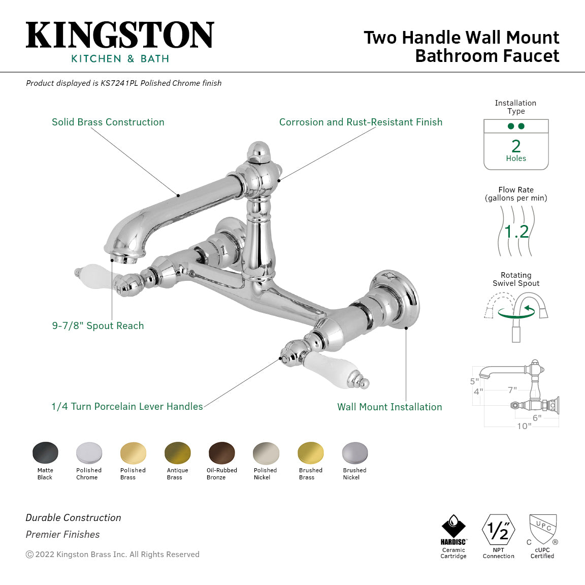 Kingston Heirloom KS7240PL - English Country Double-Handle 2-Hole Wall Mount Bathroom Faucet, Matte Black — thumbnail 2
