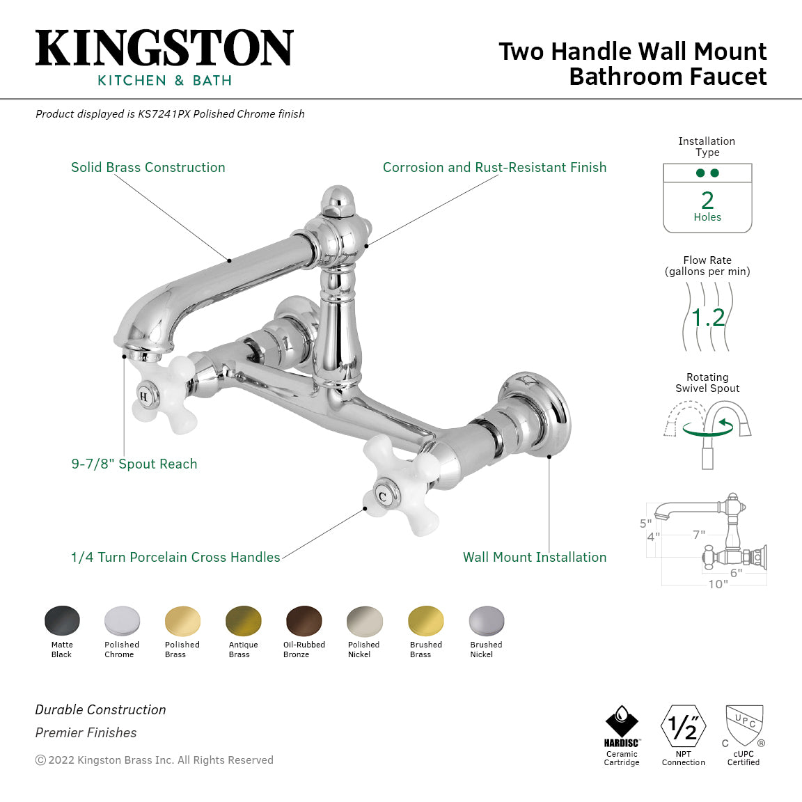 Kingston Heirloom KS7240PX - English Country Double-Handle 2-Hole Wall Mount Bathroom Faucet, Matte Black — thumbnail 2