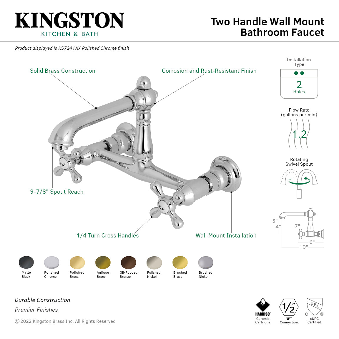 Kingston Heirloom KS7243AX - English Country Double-Handle 2-Hole Wall Mount Bathroom Faucet, Antique Brass — thumbnail 2