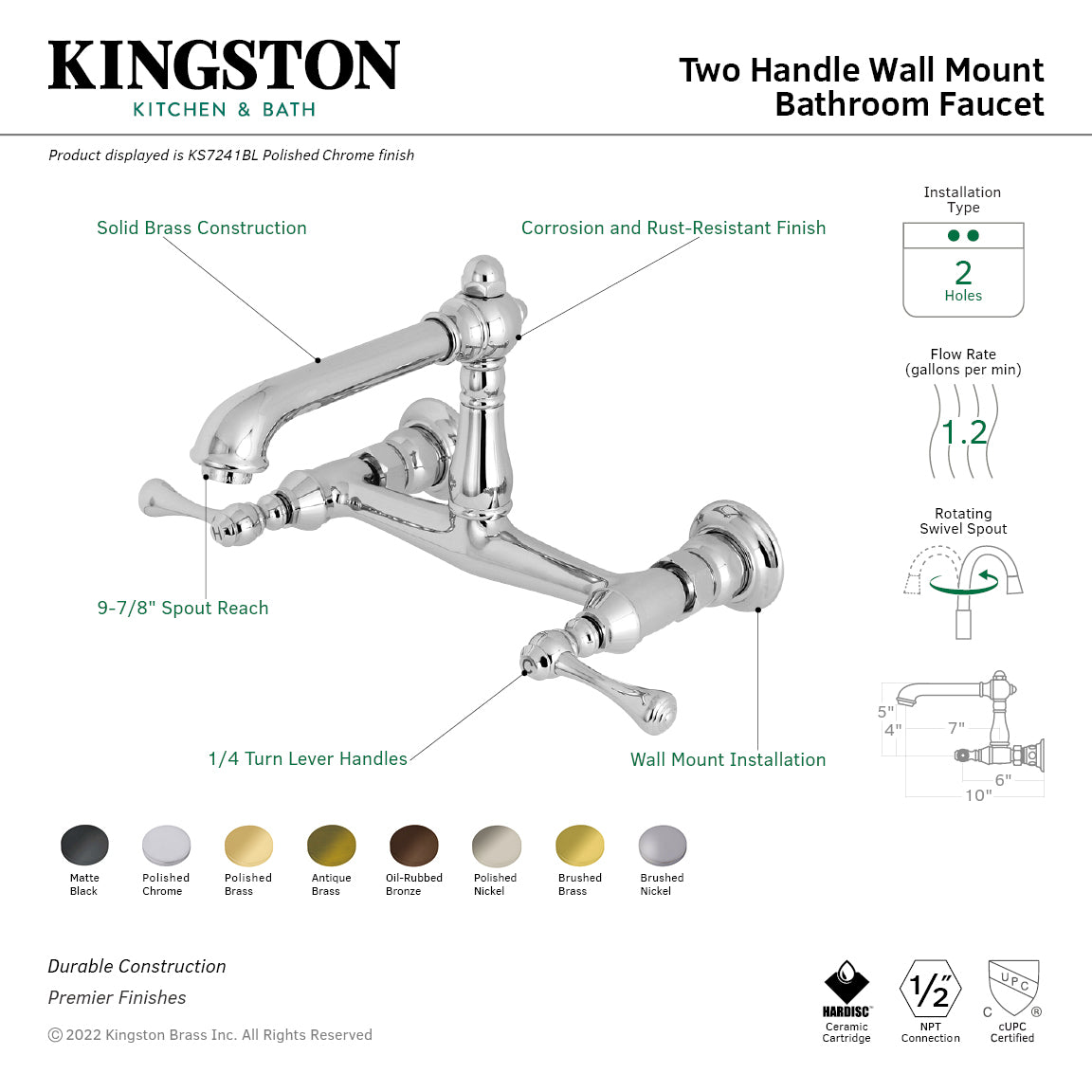 Kingston Heirloom KS7245BL - English Country Double-Handle 2-Hole Wall Mount Bathroom Faucet, Oil Rubbed Bronze — thumbnail 2