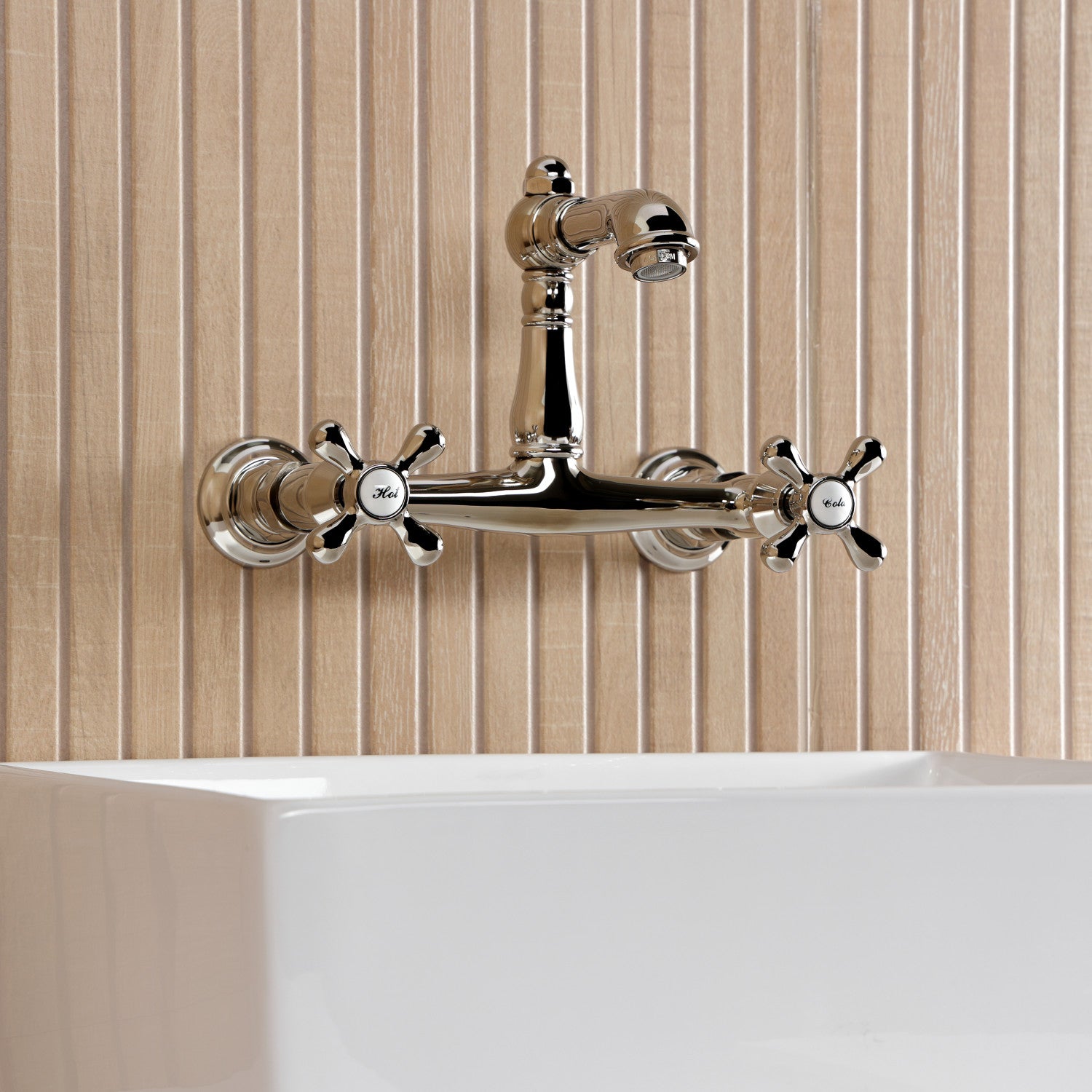 Kingston Heirloom KS7256AX - English Country Double-Handle 2-Hole Wall Mount Bathroom Faucet, Polished Nickel — thumbnail 3