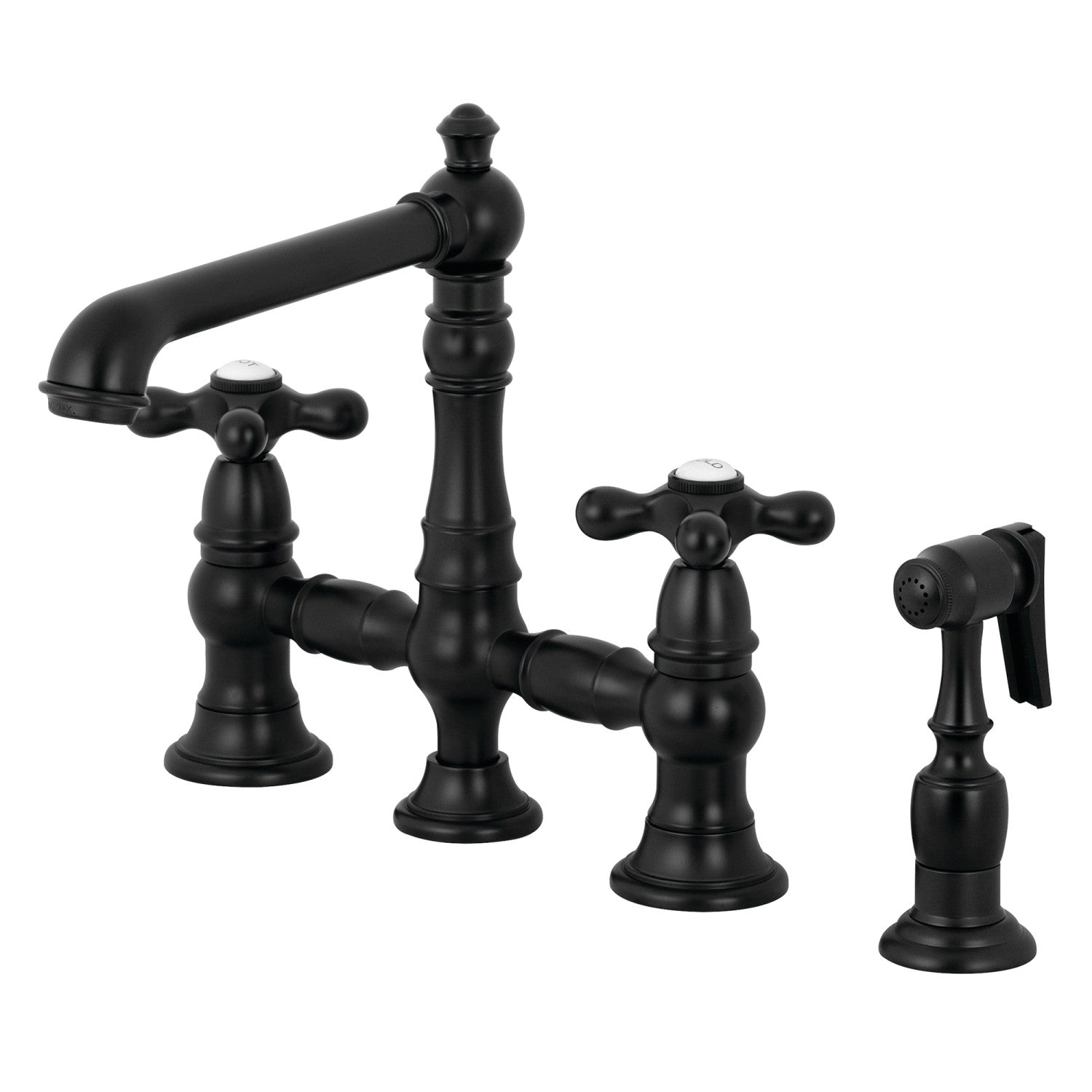 Kingston Tulare KS7270AXBS - English Country Two-Handle 4-Hole Deck Mount Bridge Kitchen Faucet with Brass Sprayer, Matte Black