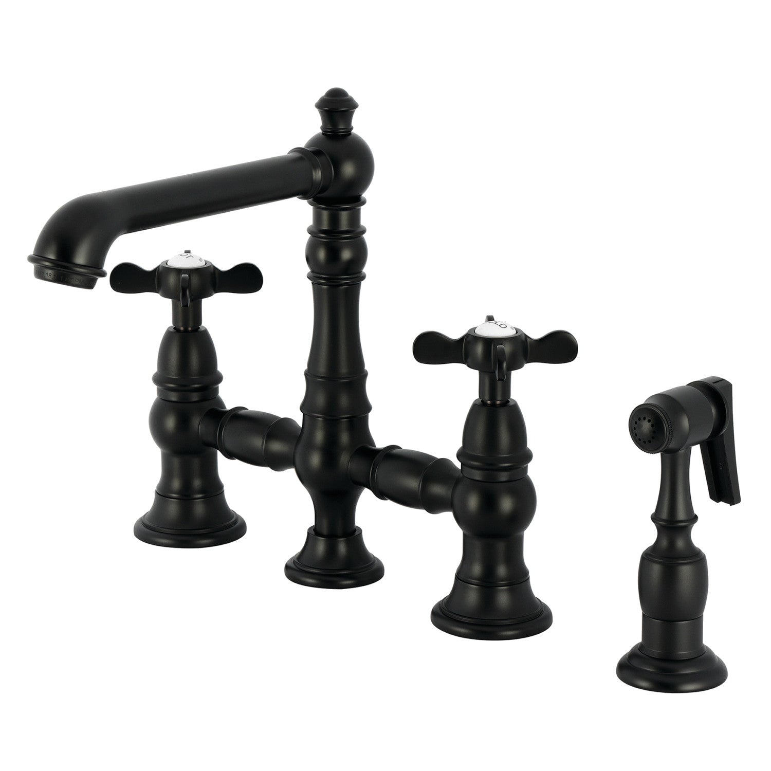 Kingston Tulare KS7270BEXBS - Essex Two-Handle 4-Hole Deck Mount Bridge Kitchen Faucet with Brass Sprayer, Matte Black