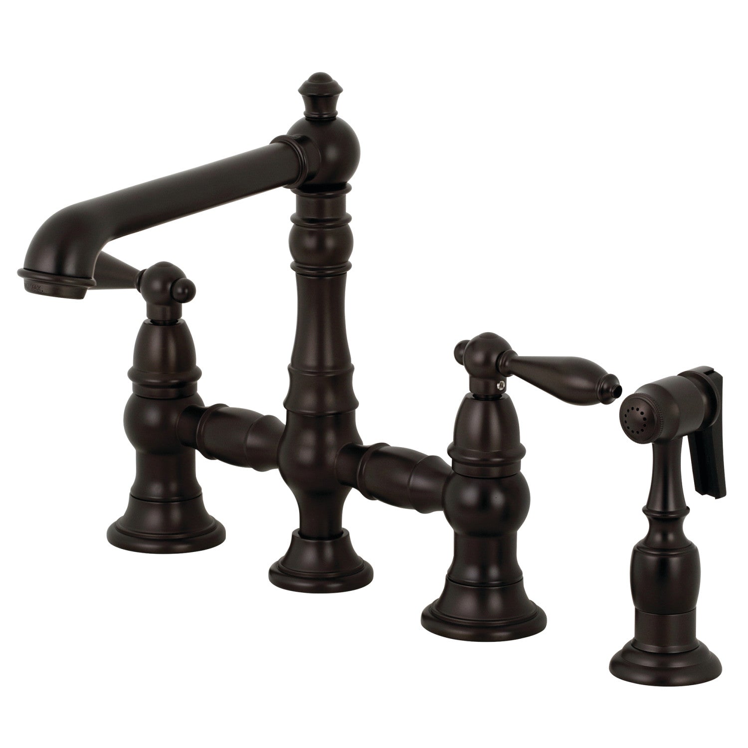 Kingston Tulare KS7275ALBS - English Country Two-Handle 4-Hole Deck Mount Bridge Kitchen Faucet with Brass Sprayer, Oil Rubbed Bronze