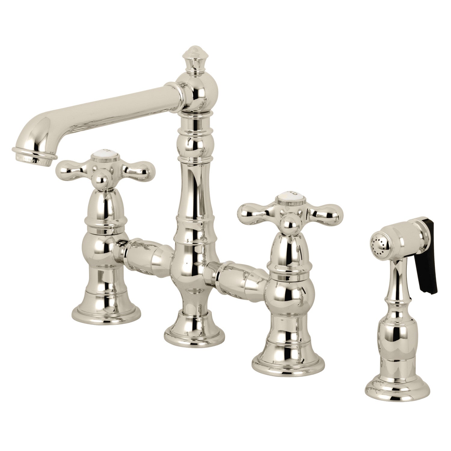 Kingston Tulare KS7276AXBS - English Country Two-Handle 4-Hole Deck Mount Bridge Kitchen Faucet with Brass Sprayer, Polished Nickel