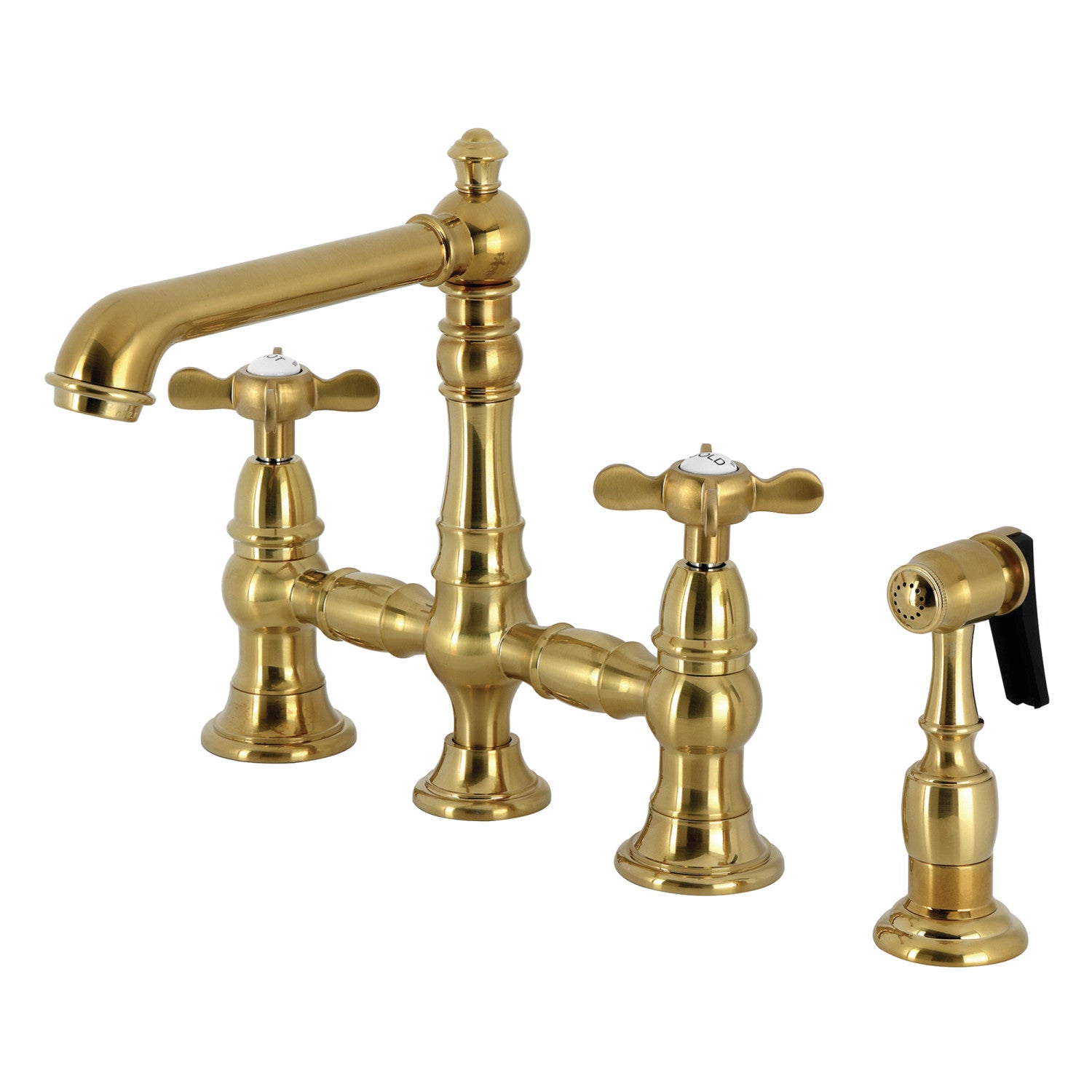 Kingston Tulare KS7277BEXBS - Essex Two-Handle 4-Hole Deck Mount Bridge Kitchen Faucet with Brass Sprayer, Brushed Brass