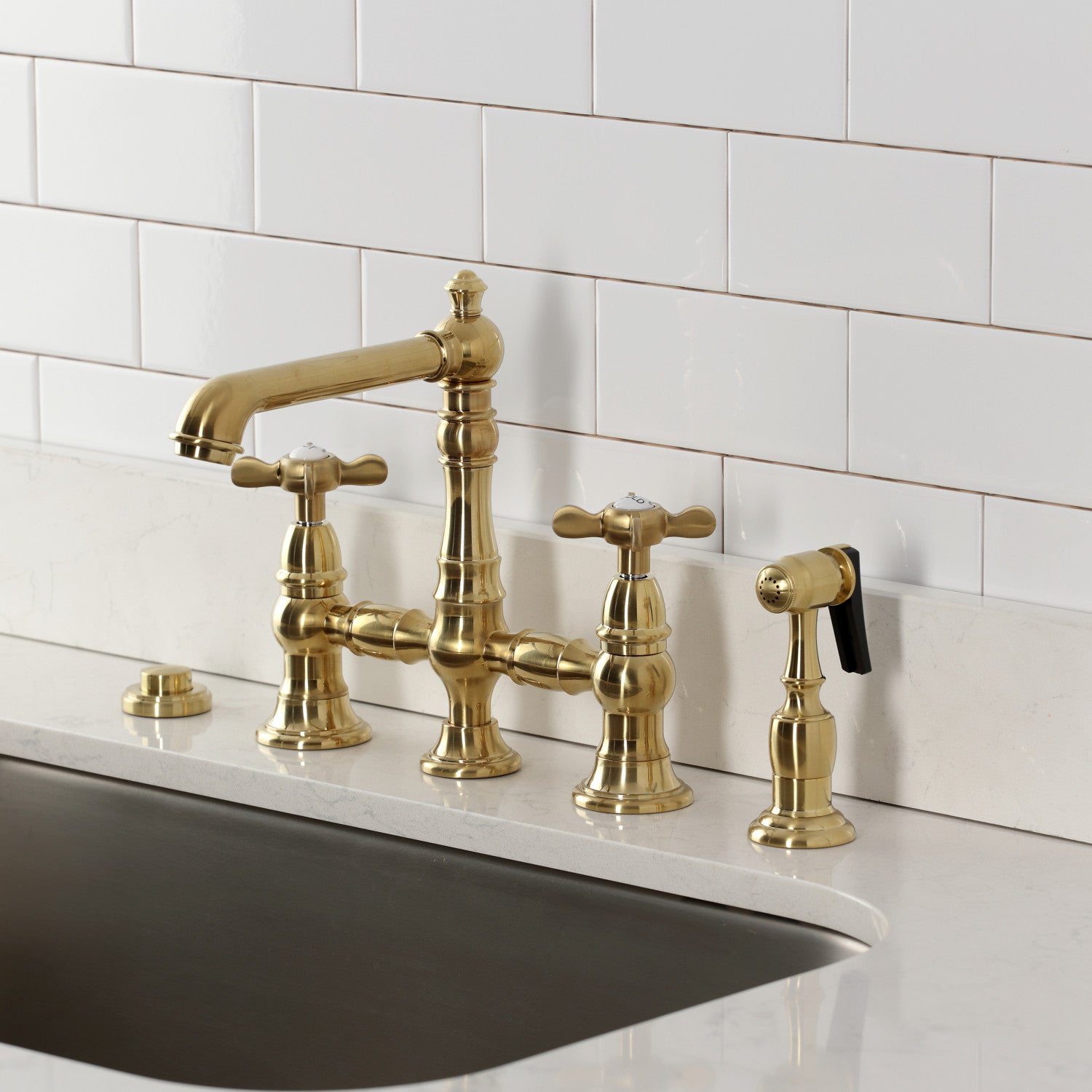 Kingston Tulare KS7277BEXBS - Essex Two-Handle 4-Hole Deck Mount Bridge Kitchen Faucet with Brass Sprayer, Brushed Brass — thumbnail 2