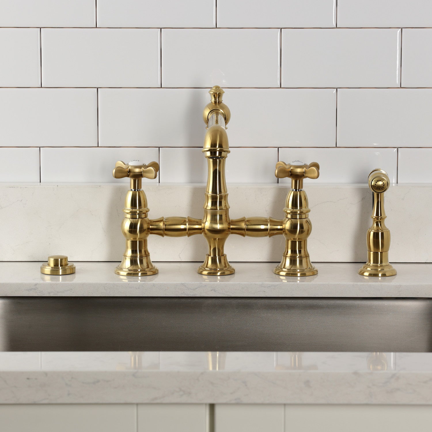 Kingston Tulare KS7277BEXBS - Essex Two-Handle 4-Hole Deck Mount Bridge Kitchen Faucet with Brass Sprayer, Brushed Brass — thumbnail 3