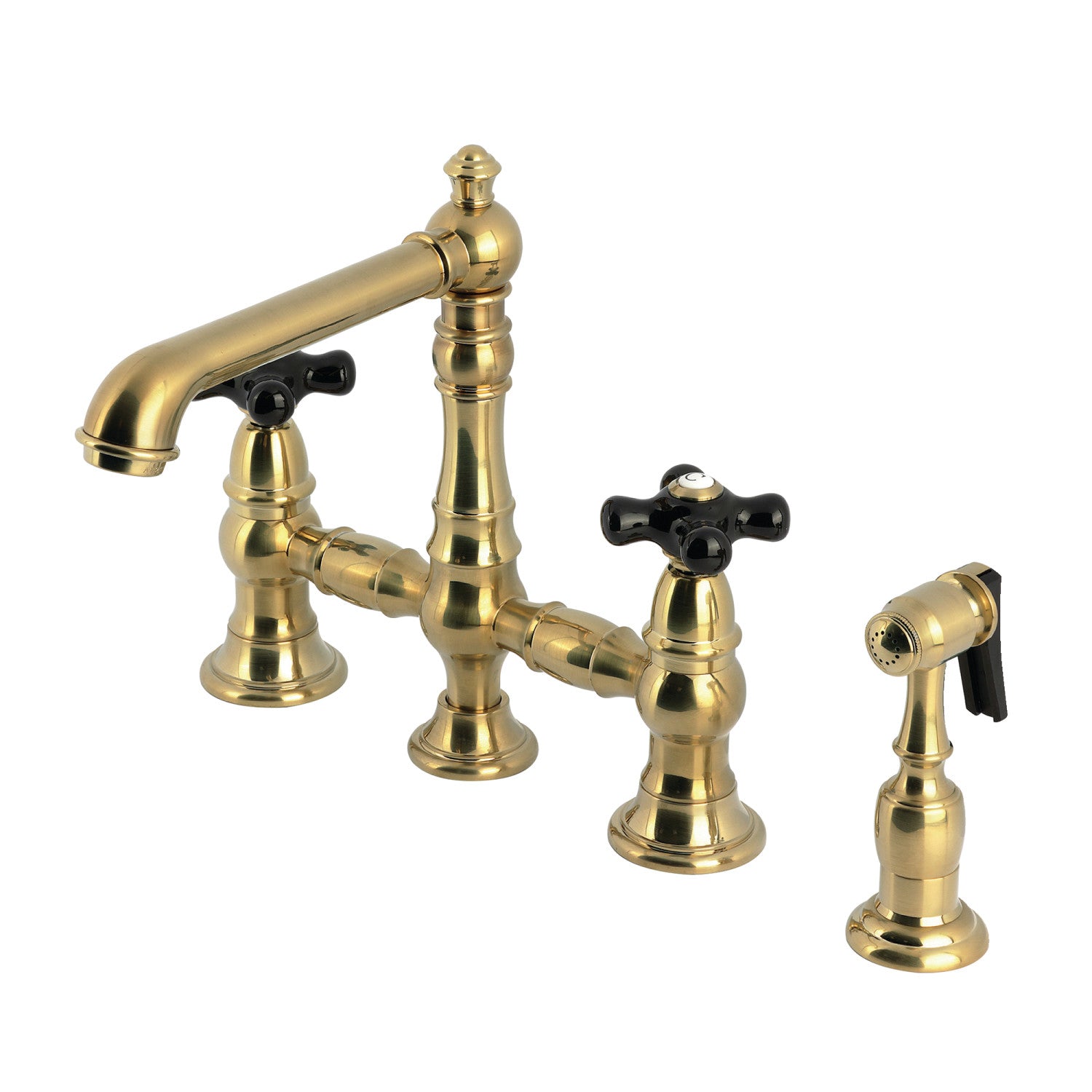 Kingston Tulare KS7277PKXBS - Duchess Two-Handle 4-Hole Deck Mount Bridge Kitchen Faucet with Brass Sprayer, Brushed Brass