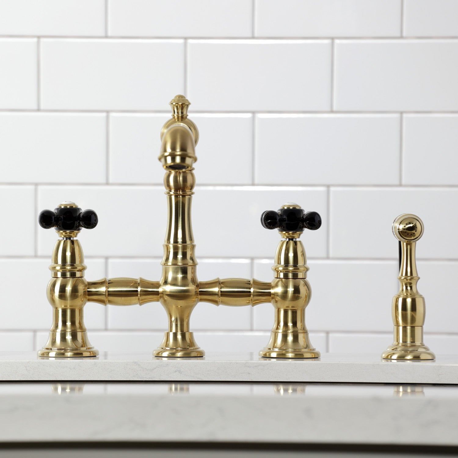 Kingston Tulare KS7277PKXBS - Duchess Two-Handle 4-Hole Deck Mount Bridge Kitchen Faucet with Brass Sprayer, Brushed Brass — thumbnail 3