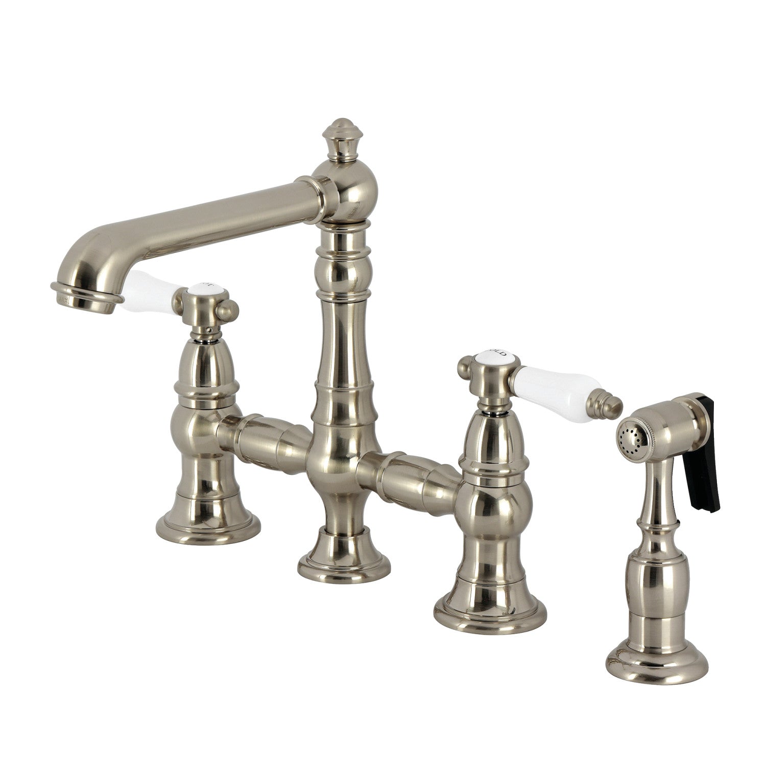 Kingston Tulare KS7278BPLBS - Bel-Air Two-Handle 4-Hole Deck Mount Bridge Kitchen Faucet with Brass Sprayer, Brushed Nickel