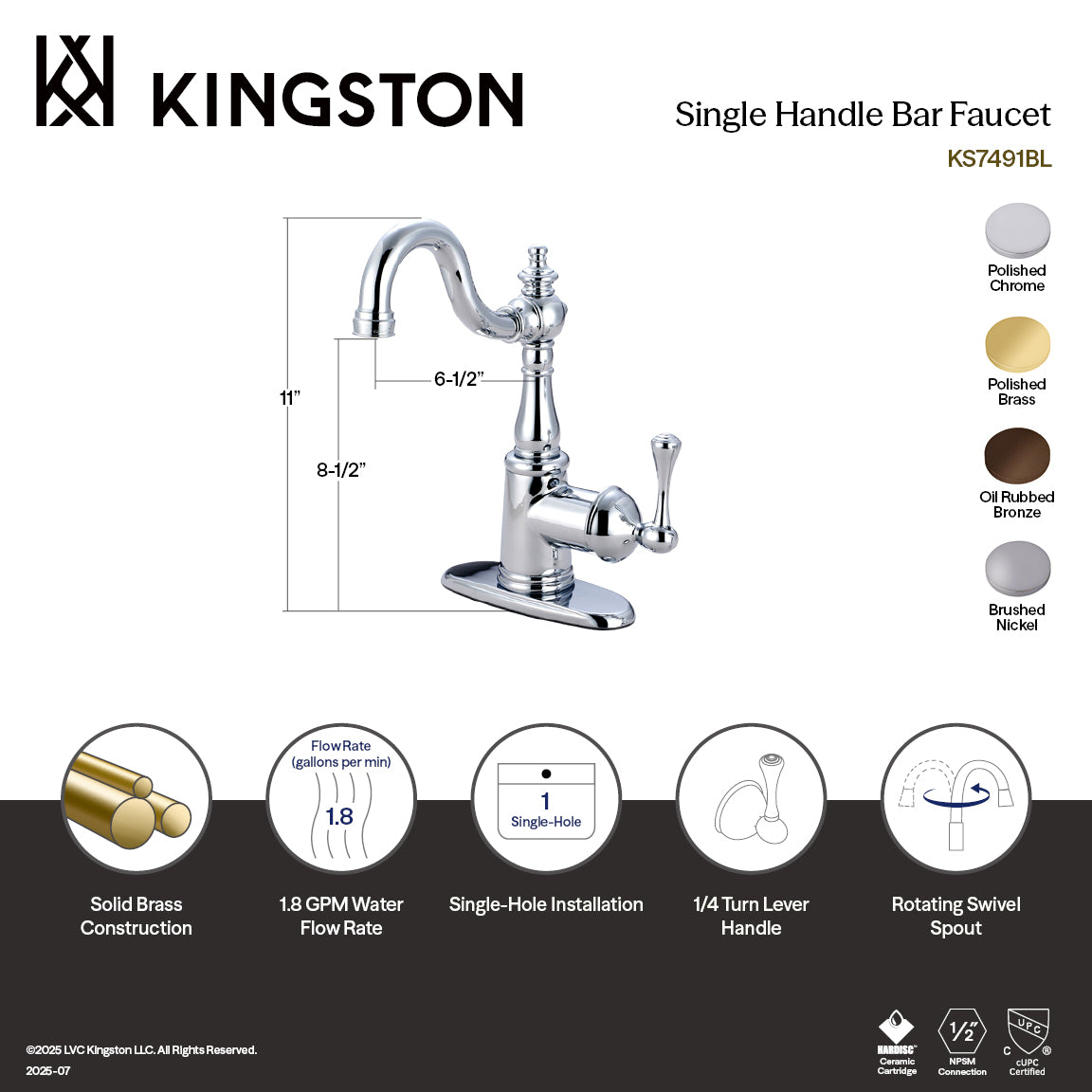 Kingston Heirloom KS7498BL - English Vintage One-Handle 1-Hole Deck Mount Bar Faucet, Brushed Nickel — thumbnail 2