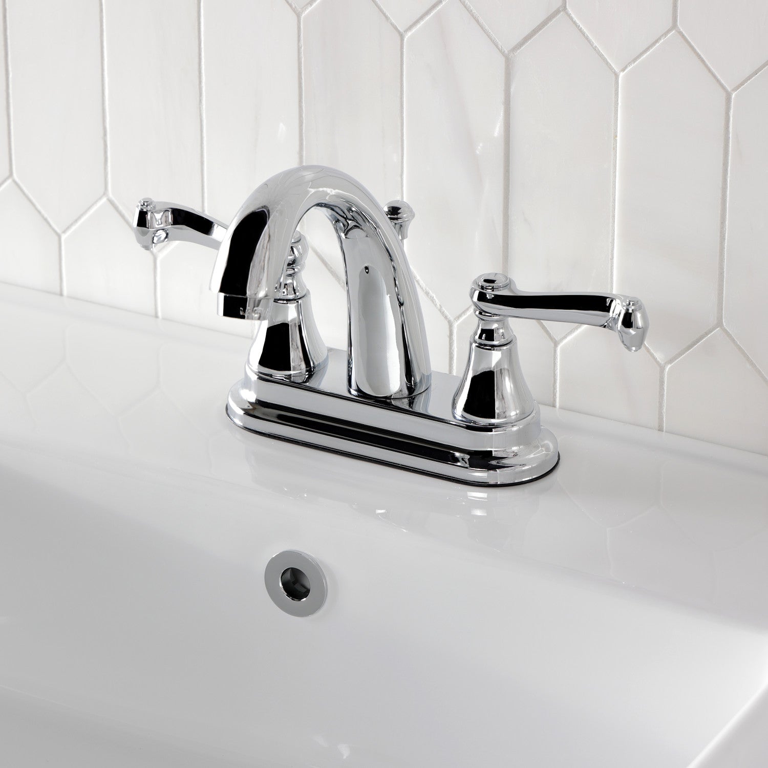 Kingston Tulare KS7611FL - English Vintage Double-Handle 3-Hole Deck Mount 4-Inch Centerset Bathroom Faucet with Brass Pop-Up, Polished Chrome — thumbnail 2